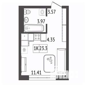 1-к квартира, строящийся дом, 23м2, 17/17 этаж
