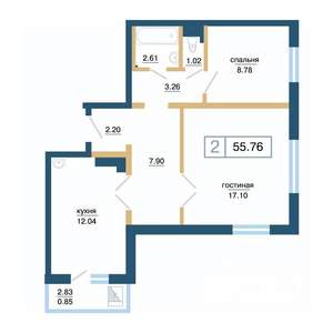 2-к квартира, строящийся дом, 56м2, 10/17 этаж