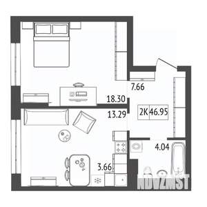 2-к квартира, строящийся дом, 47м2, 15/17 этаж