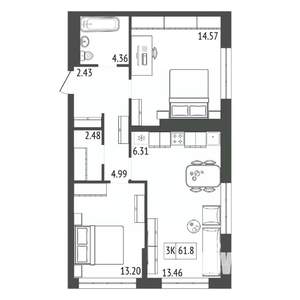 3-к квартира, строящийся дом, 62м2, 10/17 этаж