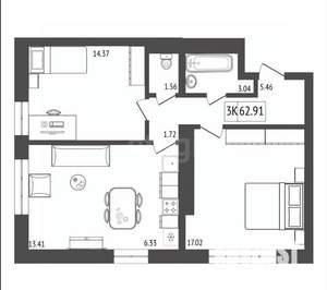 3-к квартира, вторичка, 63м2, 15/17 этаж