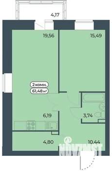 2-к квартира, строящийся дом, 61м2, 4/9 этаж
