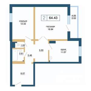 2-к квартира, строящийся дом, 64м2, 12/17 этаж