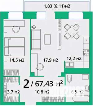 2-к квартира, вторичка, 67м2, 2/9 этаж