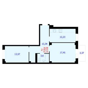2-к квартира, вторичка, 61м2, 9/9 этаж