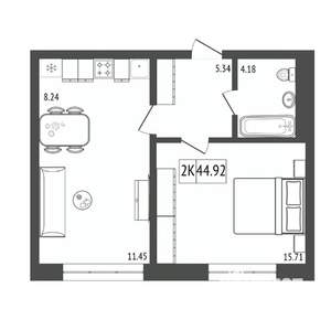 2-к квартира, вторичка, 45м2, 3/17 этаж