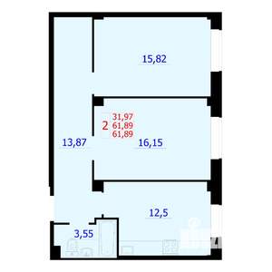 2-к квартира, строящийся дом, 62м2, 1/9 этаж
