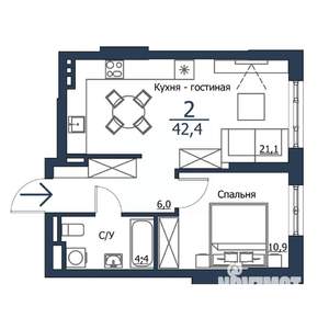 2-к квартира, строящийся дом, 42м2, 3/23 этаж