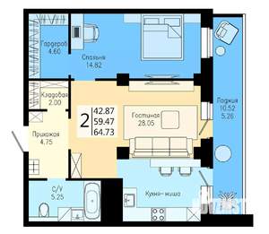 2-к квартира, строящийся дом, 65м2, 14/25 этаж
