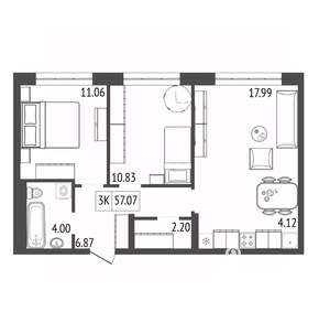 3-к квартира, вторичка, 57м2, 12/17 этаж