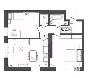3-к квартира, вторичка, 63м2, 4/17 этаж
