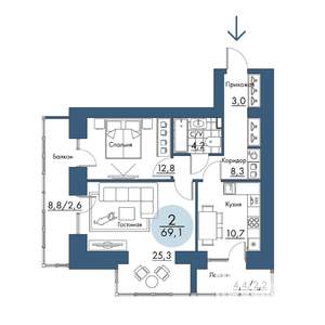 2-к квартира, строящийся дом, 69м2, 5/17 этаж