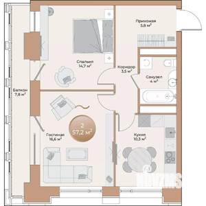 2-к квартира, вторичка, 57м2, 2/24 этаж