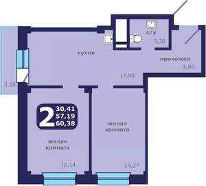 2-к квартира, вторичка, 60м2, 16/25 этаж