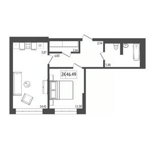 2-к квартира, строящийся дом, 46м2, 14/17 этаж
