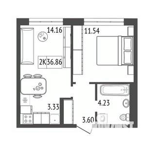 2-к квартира, строящийся дом, 37м2, 12/17 этаж