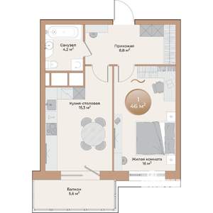 1-к квартира, вторичка, 46м2, 17/24 этаж