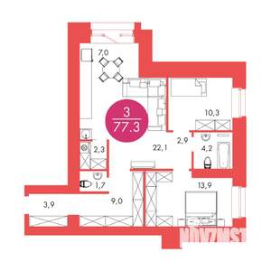 3-к квартира, строящийся дом, 77м2, 2/17 этаж