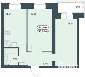 2-к квартира, строящийся дом, 56м2, 4/9 этаж