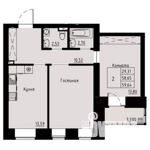2-к квартира, строящийся дом, 61м2, 2/7 этаж