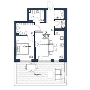 2-к квартира, строящийся дом, 59м2, 2/23 этаж