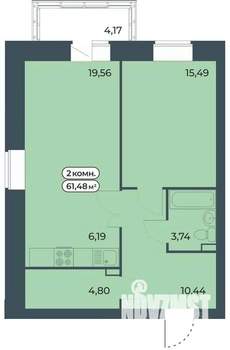 2-к квартира, строящийся дом, 61м2, 9/9 этаж