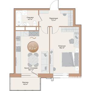 1-к квартира, вторичка, 51м2, 2/24 этаж