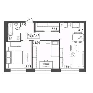 3-к квартира, строящийся дом, 60м2, 15/17 этаж