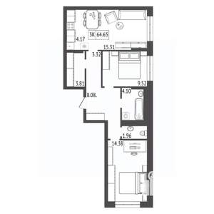 3-к квартира, строящийся дом, 65м2, 2/17 этаж