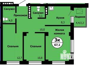 3-к квартира, строящийся дом, 68м2, 18/24 этаж