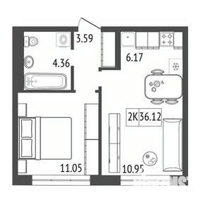 2-к квартира, вторичка, 36м2, 3/17 этаж
