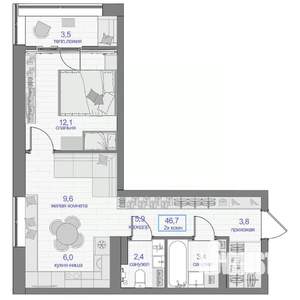 2-к квартира, вторичка, 47м2, 19/24 этаж