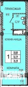 Студия квартира, строящийся дом, 34м2, 10/15 этаж