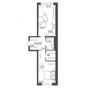 2-к квартира, строящийся дом, 50м2, 4/17 этаж