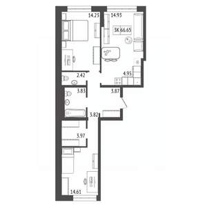 3-к квартира, вторичка, 67м2, 9/17 этаж
