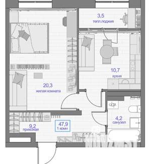 1-к квартира, вторичка, 48м2, 13/24 этаж