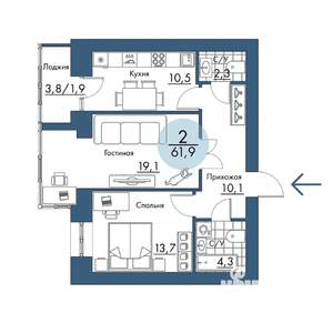 2-к квартира, строящийся дом, 62м2, 8/17 этаж