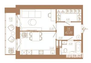 1-к квартира, строящийся дом, 44м2, 2/23 этаж