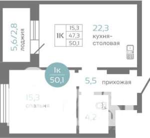 1-к квартира, строящийся дом, 50м2, 10/19 этаж