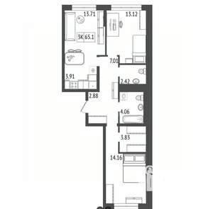 3-к квартира, вторичка, 65м2, 6/17 этаж