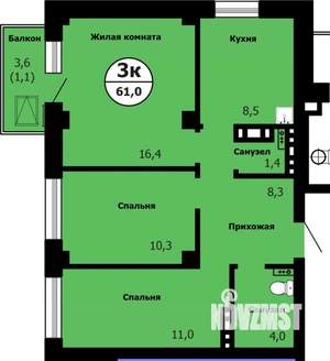 3-к квартира, строящийся дом, 62м2, 21/26 этаж