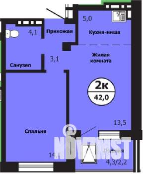2-к квартира, строящийся дом, 42м2, 7/19 этаж