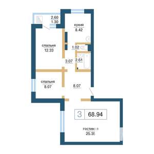 3-к квартира, строящийся дом, 70м2, 16/17 этаж