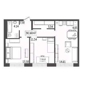 3-к квартира, строящийся дом, 60м2, 9/17 этаж