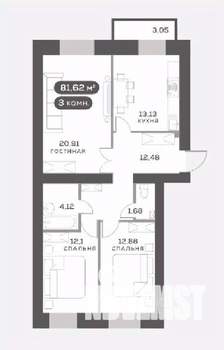 3-к квартира, вторичка, 77м2, 9/15 этаж