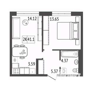 2-к квартира, строящийся дом, 41м2, 9/17 этаж