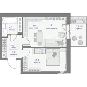 2-к квартира, вторичка, 45м2, 1/16 этаж