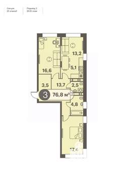3-к квартира, строящийся дом, 77м2, 23/25 этаж