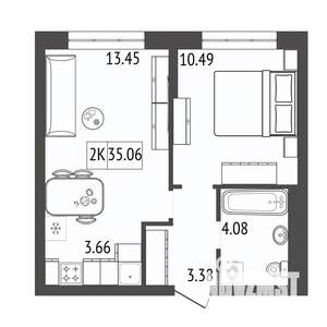 2-к квартира, строящийся дом, 35м2, 3/17 этаж