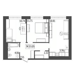 3-к квартира, строящийся дом, 53м2, 4/17 этаж